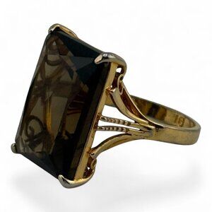 Womens Ring Size 8.5 Smoky Quartz 18K Gold Plated Filigree Faceted Rectangular